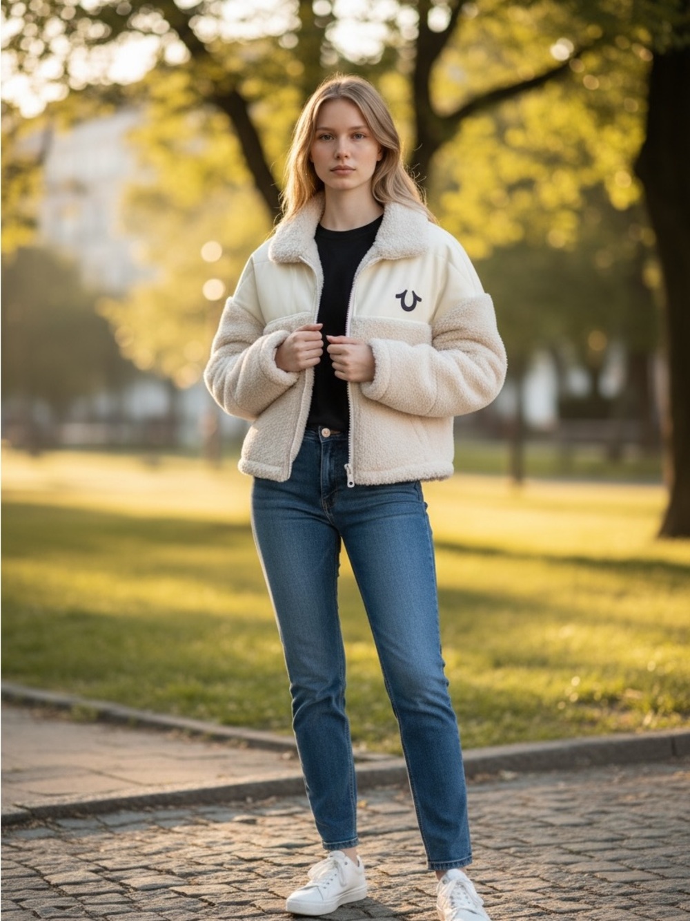 True Religion Cream Sherpa Panel Zip-Up Jacket - Picture 2 of 4